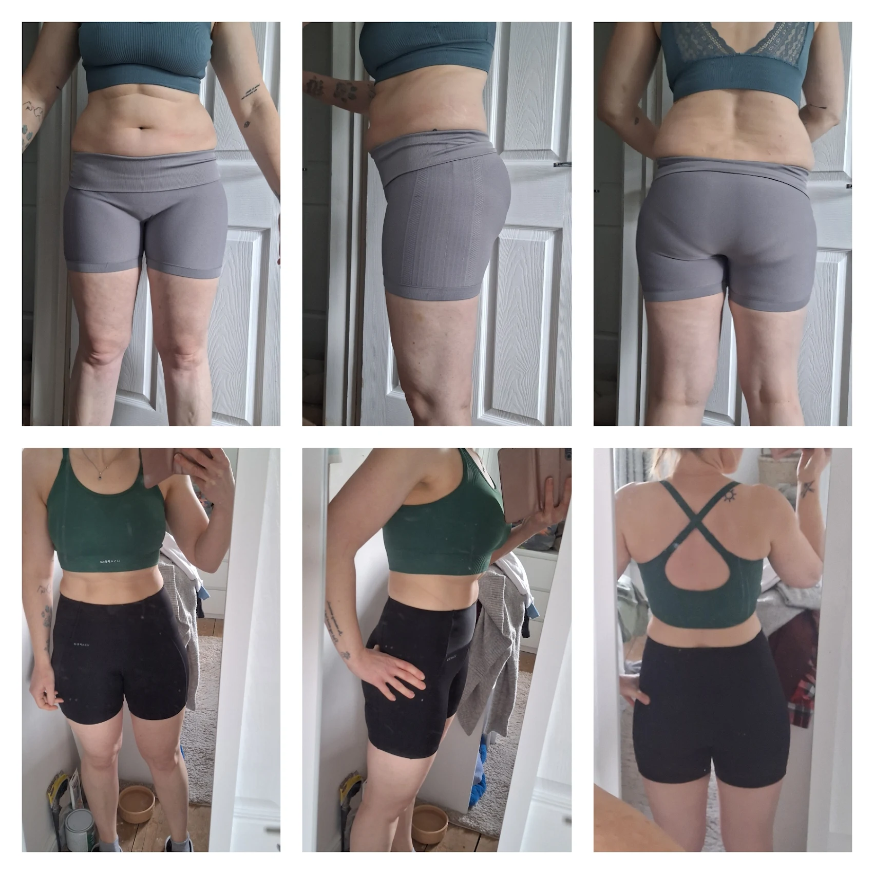 ECPT weight loss client — six-photo before and after transformation showing reduced body fat, improved muscle tone and posture after 1-to-1 training and nutrition coaching in Redditch